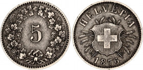 Switzerland 5 Rappen 1876 B
KM# 5; Schön# 17; N# 167; Billon; Mint: Bern; XF Toned