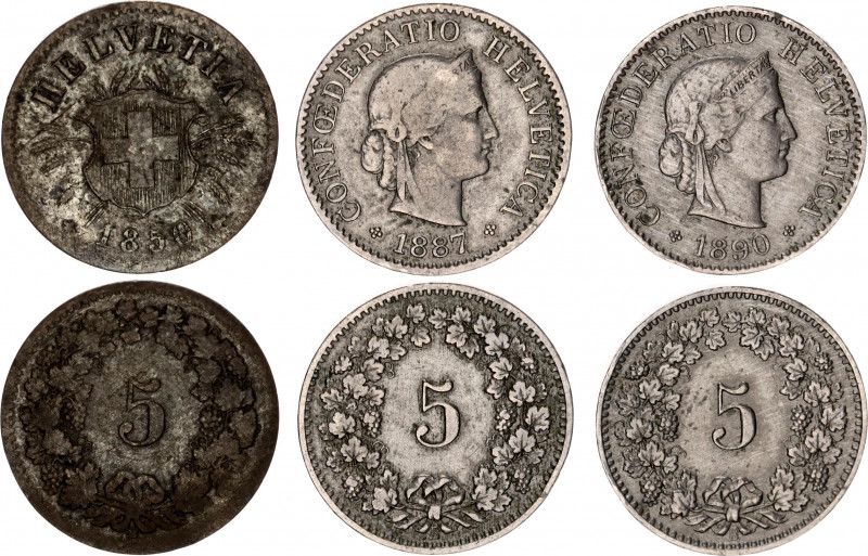 Switzerland 3 x 5 Rappen 1850 - 1890
KM# 5 & 26; Billon & Copper-Nickel; VF-XF