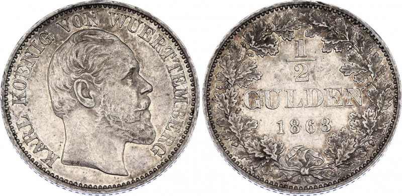 German States Wurttemberg 1/2 Gulden 1868
KM# 616, J# 84, AKS# 127, KR# 115; N#...