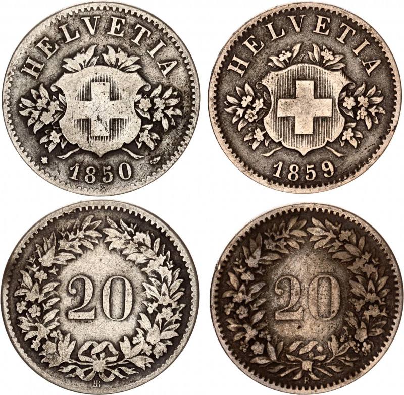 Switzerland 2 x 20 Rappen 1850 - 1859
KM# 7; Schön# 19; N# 176; Billon; VF-XF