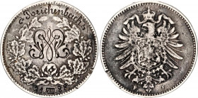 Germany - Empire 1 Mark 1873 - 1887 (ND) F
KM# 7; Silver; Old 1 Mark with Engraving on Obv: Reichenbach 21.VIII.88 / Coat of Arms in center; VF-