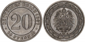 Germany - Empire 20 Pfennig 1887 G
KM# 9, AKS# 9, J# 6, Schön DM# 6; Copper-nickel; Wilhelm I; Deep mint luster; UNC