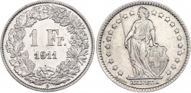 Switzerland 1 Franc 1911 B
KM# 24, HMZ 2# 1204, Divo/Tob19# 307, Schön# 28, Y# 31; N# 184; Silver; Helvetia; XF-AUNC