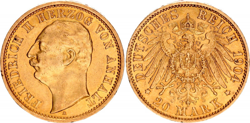 Germany - Empire Anhalt 20 Mark 1904 A
KM# 28, J# 182; Friedrich II, Mintage 25...