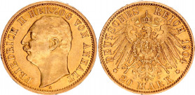 Germany - Empire Anhalt 20 Mark 1904 A
KM# 28, J# 182; Friedrich II, Mintage 25000; Gold (.900), 7.96g. AUNC