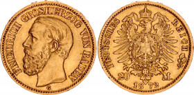 Germany - Empire Baden 20 Mark 1872 G
KM# 261, J# 184; Friedrich I; Gold (.900), 7.96g. AUNC