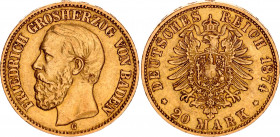 Germany - Empire Baden 20 Mark 1874 G
KM# 262, J# 187; Friedrich I; Gold (.900), 7.96g. AUNC, one year type