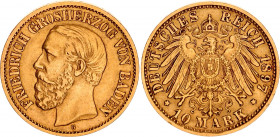 Germany - Empire Baden 10 Mark 1897 G
KM# 267, J# 188; Friedrich I, Mintage 70000; Gold (.900), 3.98g. AUNC