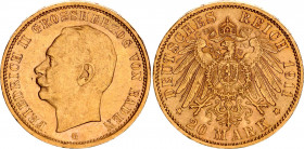 Germany - Empire Baden 20 Mark 1911 G
KM# 284, J# 192; Friedrich II; Gold (.900), 7.96g. AUNC