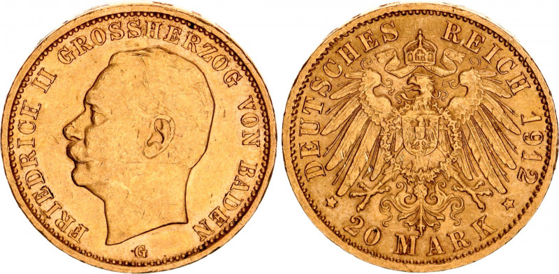 Germany - Empire Baden 20 Mark 1912 G
KM# 284, J# 192; Friedrich II; Gold (.900...