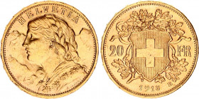 Switzerland 20 Francs 1913 B
KM# 35.1, HMZ 2# 1195, Divo/Tob19# 293, Fr# 499, Y# 41; N# 7497; Gold (.900); 6.45g.; Vreneli; AUNC