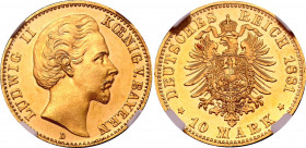 Germany - Empire Bavaria 10 Mark 1881 D PROOF NGC PF 62 CAMEO
KM# 598, J# 196; Ludwig II Koenig von Bayern. Gold, Proof.