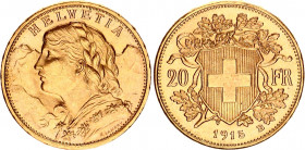 Switzerland 20 Francs 1915 B
KM# 35.1, HMZ 2# 1195, Divo/Tob19# 293, Fr# 499, Y# 41; N# 7497; Gold (.900); 6.45g.; Vreneli; AUNC