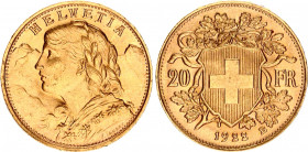 Switzerland 20 Francs 1922 B
KM# 35.1, HMZ 2# 1195, Divo/Tob19# 293, Fr# 499, Y# 41; N# 7497; Gold (.900); 6.45g.; Vreneli; AUNC