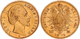 Germany - Empire Bavaria 10 Mark 1873 D
KM# 892, J# 193; Ludwig II Von Bayern; Gold (.900), 3.98g. XF, mint luster