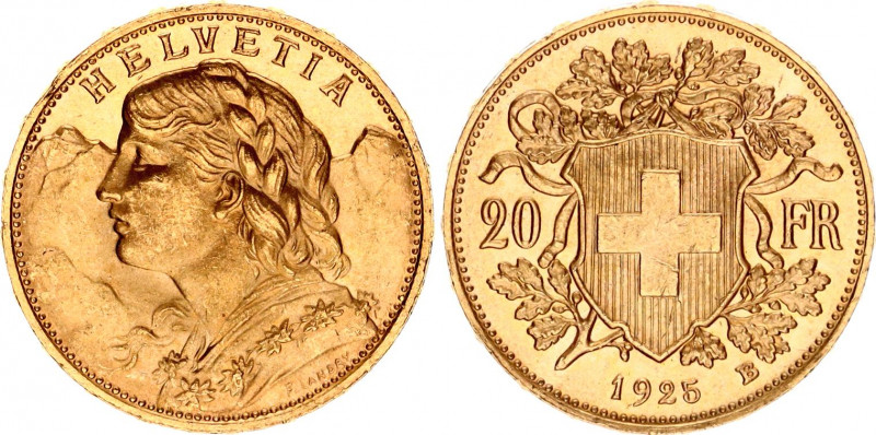 Switzerland 20 Francs 1925 B
KM# 35.1, HMZ 2# 1195, Divo/Tob19# 293, Fr# 499, Y...