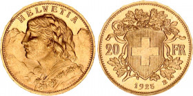Switzerland 20 Francs 1925 B
KM# 35.1, HMZ 2# 1195, Divo/Tob19# 293, Fr# 499, Y# 41; N# 7497; Gold (.900); 6.45g.; Vreneli; AUNC