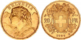 Switzerland 20 Francs 1927 B
KM# 35.1, HMZ 2# 1195, Divo/Tob19# 293, Fr# 499, Y# 41; N# 7497; Gold (.900); 6.45g.; Vreneli; AUNC