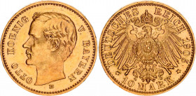 Germany - Empire Bavaria 10 Mark 1905 D
KM# 994, J# 201; Otto Von Bayern; Gold (.900), 3.98g. AUNC, mint luster