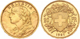 Switzerland 20 Francs 1927 B
HMZ 2# 1195, Divo/Tob19# 293, KM# 35.1, Fr# 499, Y# 41; N# 7497; Gold (.900); 6.45g.; Vreneli; AUNC