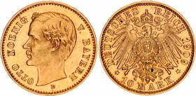Germany - Empire Bavaria 10 Mark 1909 D
KM# 994, J# 201; Otto Von Bayern; Gold (.900), 3.98g. XF-AU, mint luster
