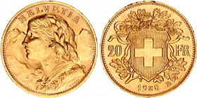 Switzerland 20 Francs 1930 B
KM# 35.1, HMZ 2# 1195, Divo/Tob19# 293, Fr# 499, Y# 41; N# 7497; Gold (.900); 6.45g.; Vreneli; AUNC