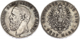 Germany - Empire Baden 5 Mark 1876 G Inverted V for A
KM# 263.2, J# 27 F; Friedrich I. Silver, XF, nice dark patina. Rare coin.