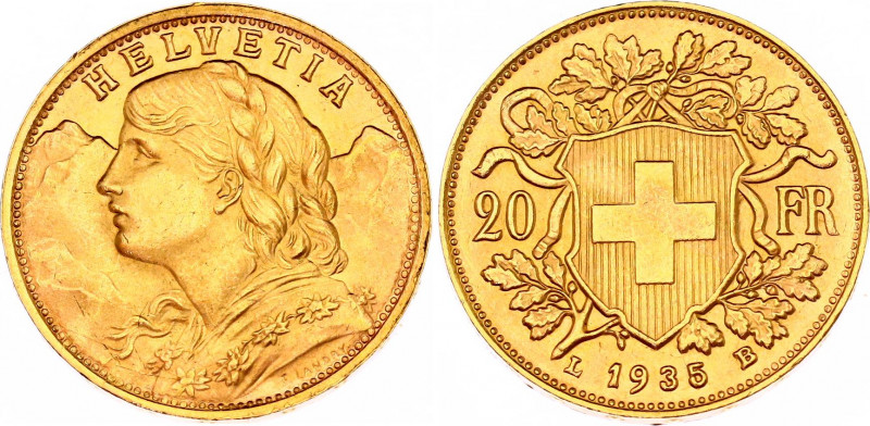 Switzerland 20 Francs 1935 LB
KM# 35.1; Gold (.900) 6.45 g., 21.00 mm.; Vreneli...