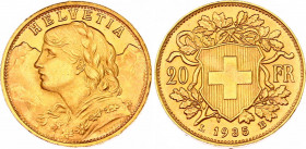 Switzerland 20 Francs 1935 LB
KM# 35.1; Gold (.900) 6.45 g., 21.00 mm.; Vreneli; UNC with full mint luster