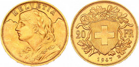 Switzerland 20 Francs 1947 B
KM# 35.2; Gold (.900) 6.45 g., 21.00 mm.; Vreneli; UNC with full mint luster