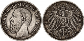 Germany - Empire Baden 2 Mark 1900 G
KM# 269; Silver; Friedrich I; XF-