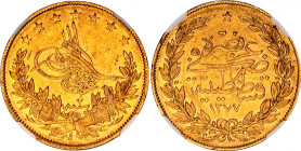 Ottoman Empire 100 Kurus 1862 AH 1277 (2) NGC AU 53
KM# 696; Gold (.917) 7.21 g., 22mm.; Abdulaziz; Constantinople Mint
