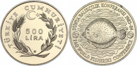 Turkey 500 Lira 1984
KM# 968; Coin alignment; FAO World Fisheries Conference 1984; Mintage 2710 pcs; UNC