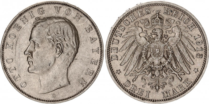 Germany - Empire Bavaria 3 Mark 1913 D
KM# 996; Silver; Otto; XF