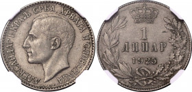 Yugoslavia 1 Dinar 1925 NGC MS 63
KM# 5; N# 4865; Nickel brass; Aleksandar I