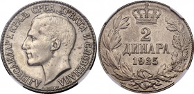 Yugoslavia 2 Dinara 1925 NGC MS 62
KM# 6; N# 4923; Poissy Mint (thunderbolt mark); Nickel brass; Aleksandar I