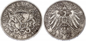 Germany - Empire Bremen 5 Mark 1906 J
KM# 251, J# 60, J# 59 Anm; N# 20411; Silver; VF