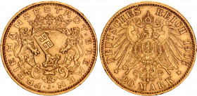 Germany - Empire Bremen 20 Mark 1906 J
KM# 252, J# 205; Free City; Gold (.900), 7.96g. AUNC, mint luster