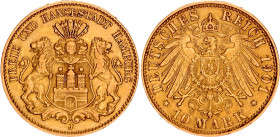 Germany - Empire Hamburg 10 Mark 1901 J
KM# 608, J# 211; Free Hanseatic city; Gold (.900), 3.98g. XF