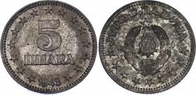 Yugoslavia 5 Dinara 1945
KM# 28; Zinc, UNC, rare coin in this condition.