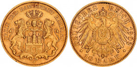 Germany - Empire Hamburg 10 Mark 1903 J
KM# 608, J# 211; Free Hanseatic city; Gold (.900), 3.98g. AUNC