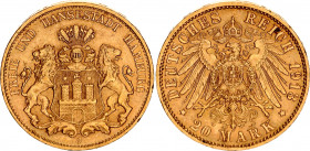 Germany - Empire Hamburg 20 Mark 1913 J
KM# 618, J# 212; Free Hanseatic city; Gold (.900), 7.96g. AUNC