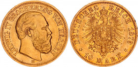 Germany - Empire Hessen 10 Mark 1879 H
KM# 358, J# 219; Ludwig IV, Mintage 55000; Gold (.900), 3.98g. XF