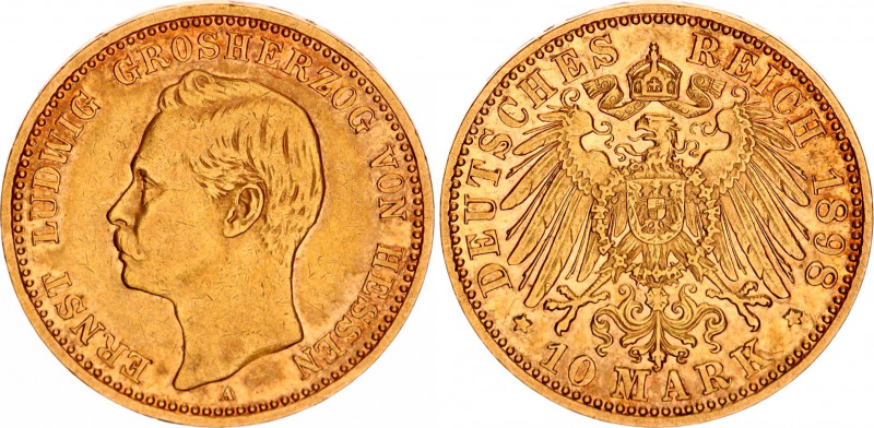 Germany - Empire Hessen 10 Mark 1898 A
KM# 370, J# 224; Ernst Ludwig, Mintage 7...
