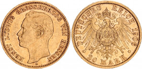 Germany - Empire Hessen 20 Mark 1906 A
KM# 374, J# 226; Ernst Ludwig, Mintage 85000; Gold (.900), 7.96g. AUNC, mint luster
