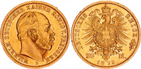 Germany - Empire Prussia 20 Mark 1873 B
KM# 501, J# 243; Wilhelm I v. Preussen; Gold (.900), 7.96g. AU-UNC, mint luster