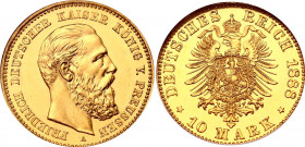 Germany - Empire Prussia 10 Mark 1888 A PROOF NGC PF 64
KM# 514; J# 247; Gold, Proof; Friedrich; Deutsches Kaiserreich Preussen 10 Mark 1888 A PP.