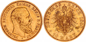 Germany - Empire Prussia 10 Mark 1888 A
KM# 514, J# 247; Friedrich III v. Preussen; Gold (.900), 3.98g. AUNC, mint luster, one year type