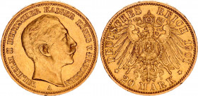 Germany - Empire Prussia 20 Mark 1901 A
KM# 521, J# 252; Wilhelm II v. Preussen; Gold (.900), 7.96g. AU-UNC, mint luster