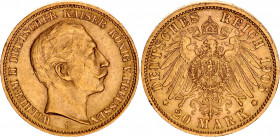 Germany - Empire Prussia 20 Mark 1905 J
KM# 521, J# 252; Wilhelm II v. Preussen; Gold (.900), 7.96g. AU-UNC, mint luster
